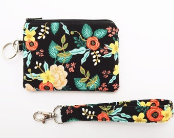 Floral and green leaf card pouch wristlet - rifle paper co fabric coin purse - black keychain wristlet wallet for women