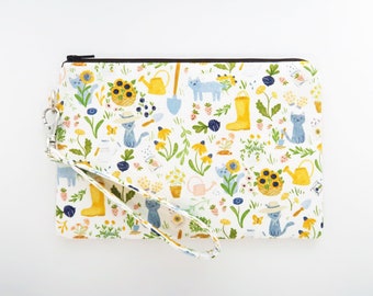 Cats in the garden wristlet wallet pouch - Sunflowers floral cell phone clutch purse for women - Wristlet bag for plant lady gift - SALE