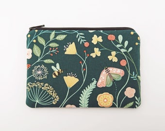 Yellow flowers and leaves zipper card pouch - bee coin purse wallet - moths fabric dark green change purse - cute small gifts ideas