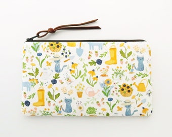 Yellow sunflowers and cats zippered fabric purse - pencil pouch - cell phone clutch - cute gifts for cats Mom - SALE