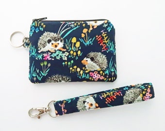 Hedgehogs coin pouch wristlet - dark blue zipper card pouch - small change purse - cute gifts ideas