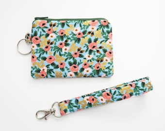 Flowers coin purse wristlet for women - Wallet card pouch - Rifle paper co bag - Cute fabric change purse - Small wristlet pouch