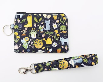 Cute cat and sunflowers card wallet wristlet - blue coin pouch wallet - wristlet card holder - gift for cat owner