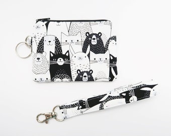 Black and white coin pouch for animal lover - Wristlet card holder for girls - Small fabric pouch - Cute smiley animals card wallet wristlet