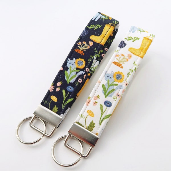 Sunflowers and blue cat keychain wristlet strap - key fob wrist lanyard - cute small gifts ideas - SALE