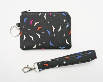 Starry bats wristlet wallet - zippered fabric purse - card holder pouch - keychain coin purse - creepy gifts ideas - SALE