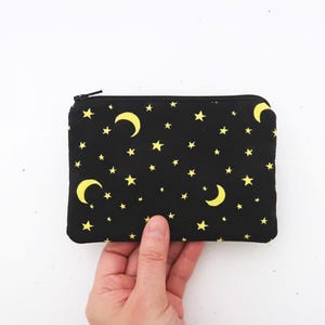 Small fabric coin purse | Black zipper pouch bag | Moon icon & stars change purse wallet | Cute gifts ideas for her