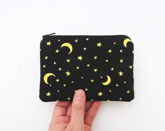Small fabric coin purse black, Moon icon & stars zipper pouch bag for her