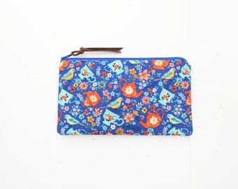 Tea pot & cup zippered pencil pouch, Bright blue fabric padded purse - - Last One