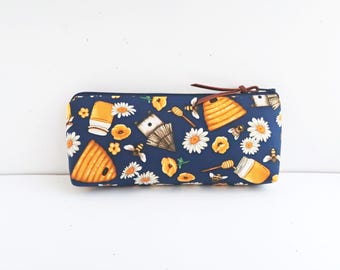 Flat bottom pouch bag, Bee fabric zipper pouch for pencils navy blue, Beekeeper gift