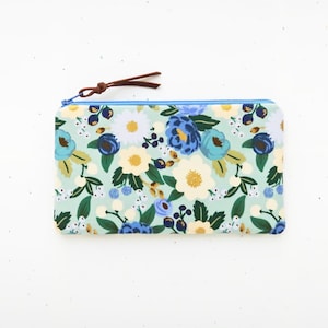 Floral mint blue makeup bag, Small padded zipper pouch, Rifle paper fabric pencil case