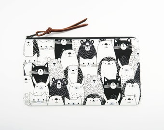 Black and white pencil pouch for girls - Cute smiley animals zippered fabric pouch - Cell phone clutch purse