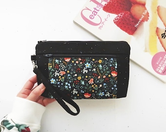 Wristlet wallet purse, Rifle paper fabric flowers pouch for phone, Handmade double zipper bag