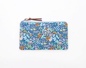 Handmade zip pouch, Rifle paper blue flowers fabric pencil case, Small zipper bag