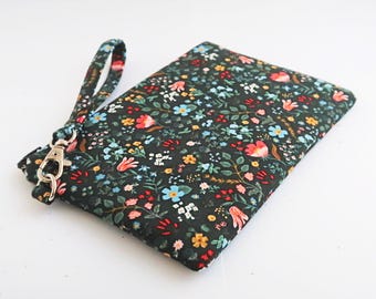 Rifle paper floral fabric cell phone wristlet wallet, Handmade women's clutch purse