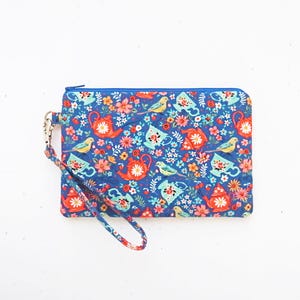 Cell phone wristlet purse blue | Clutch purse with strap | Tea cup and pot fabric pouch wallet | Gift for sister