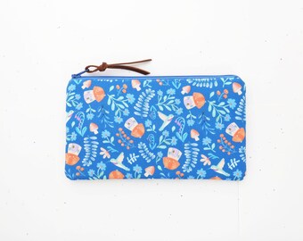 Pencil case blue, Cottage mushroom & bird fabric zipper pouch, Handmade cotton bag