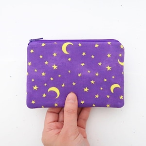 Small coin purse wallet | Half moon icon and stars fabric zipper pouch | Purple gifts for her