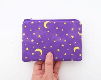 Coin purse wallet purple, Half moon icon & stars fabric zipper pouch for her
