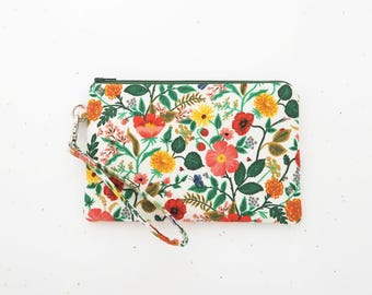 Floral wristlet wallet purse, Rifle paper fabric zippered pouch, Small cell phone bag