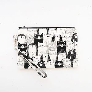 Wristlet clutch purse | Cute black & white animals cell phone wristlet wallet | Zippered fabric pouch | Gift for girl birthday