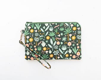 Floral palm leaf wristlet wallet, Green fabric phone pouch, Handmade clutch bag - Last One