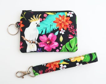 Cute white parrot wristlet wallet - tropical floral and leaf coin purse - small fabric pouch - bird lovers gifts - SALE