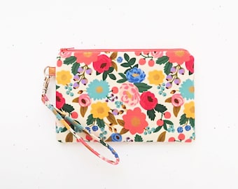 Floral cell phone wristlet wallet pouch, Rifle paper cotton fabric clutch purse
