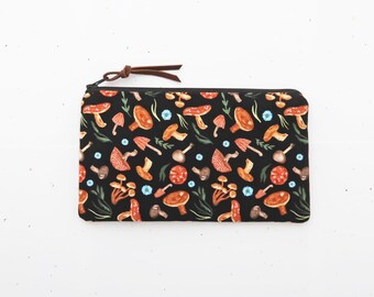 Mushroom fabric zipper pouch for pencils, Small make up pouch for purse