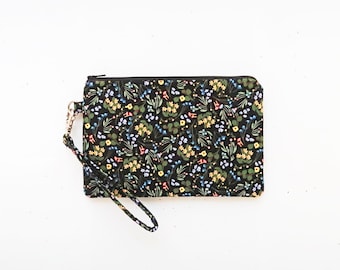 Clutch purse with wristlet strap, Tiny yellow flowers fabric pouch, Phone wallet - Last One