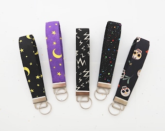 Key fob lanyard, Fabric wristlet keychain: Moon, Lightning bolt, or White skull Prints