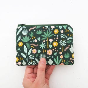 Small zipper pouch green, Palm tree & floral fabric change purse
