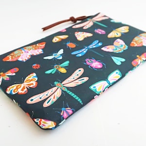 Moth & butterfly fabric zipper pouch for pencils, Small makeup purse