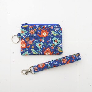 Bolsa porta-moedas com fecho de correr | Bolsa com fecho de correr para porta-chaves e bule de chá e chávena com pássaros em azul | Bolsa pequena de tecido para presente