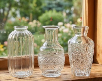 Juego de jarrones pequeños de cristal transparente, decoración de mesa de estilo vintage, regalo para mamá, regalo de inauguración de casa, regalo de aniversario, regalo para ella.