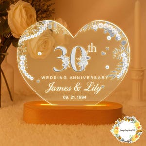 パーソナライズされた30周年真珠婚式記念LEDライト、30周年記念ギフト、真珠婚式記念、30周年結婚ギフト、真珠記念日