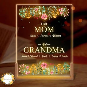 First Mom Now Grandma Frame Led Night Light, Custom Acrylic Night Light, Light Plaque, Great Grandma Gift,Mother&#39;s Day Gift for Grandma Nana