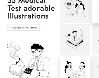35 ilustraciones de pruebas médicas / SVG vectorial dibujado a mano, imágenes prediseñadas editables para el sector sanitario y laboratorios.