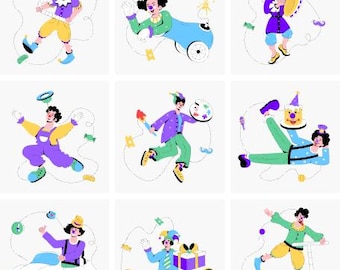 50 illustrations de clowns | Clipart amusant | SVG modifiables pour invitations à des fêtes, cartes d'anniversaire et travaux manuels