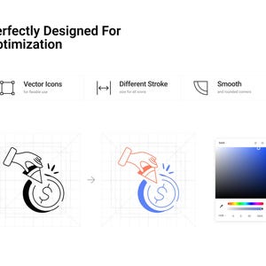May include: An image with the text "Perfectly Designed For Optimization". It includes vector icons, different stroke sizes, and smooth, rounded corners. The image shows a hand placing a coin into a slot, and a color palette.