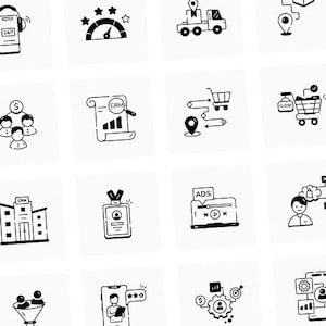 May include: A grid of black and white line art icons, each within a white square. The icons depict various business and marketing concepts, including a truck, shopping cart, and customer service.
