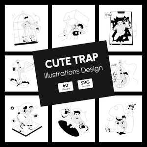 May include: A set of black and white illustrations with the text "CUTE TRAP Illustrations Design". The images show people trapped in cages, phones, and other traps. Includes 60 designs in SVG formats.