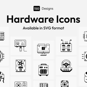 May include: Black and white graphic of hardware icons. The image includes the text "150 Designs" and "Hardware Icons Available in SVG format". The icons depict various computer hardware components, such as a fan, a monitor, and a power supply.