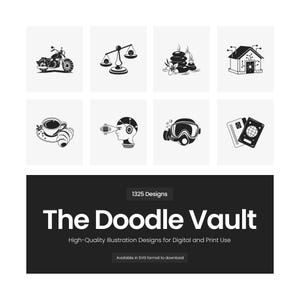 May include: A collection of eight black and white icons featuring a motorcycle, scales of justice, stacked stones, a digital house, a coffee cup with a croissant, a human head with a microchip, a scuba mask, and a passport. The text reads The Doodle Vault.
