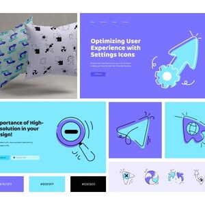 May include: A digital design featuring two throw pillows with repeating patterns, and several website design elements. The pillows have blue and black designs. The website elements include text that reads "Optimising User Experience with Settings Icons" and "Importance of High-Resolution in your Design!"