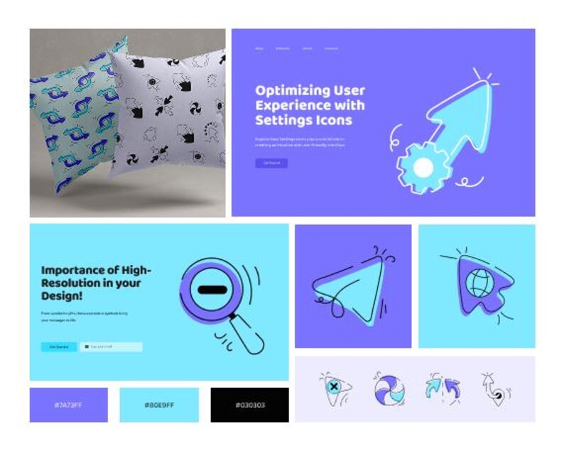 May include: A digital design featuring two throw pillows with repeating patterns, and several website design elements. The pillows have blue and black designs. The website elements include text that reads "Optimising User Experience with Settings Icons" and "Importance of High-Resolution in your Design!"