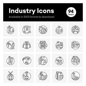 May include: A collection of 94 black and white line art industry icons arranged in a grid. The header reads Industry Icons and 94 Designs. The icons depict various industrial scenes, including construction workers, machinery, solar panels, and robotics.