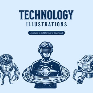 以下が含まれることがあります： TECHNOLOGY ILLUSTRATIONSおよびAvailable in SVG format to downloadというテキストが記載されたデジタルグラフィック。中央にはVRヘッドセットを装着しリングに囲まれた人物が描かれ、左側にロボット、右側にドローンが配置されています。