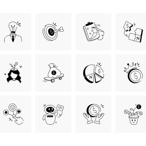 May include: A collection of black and white line art illustrations on a white background. The illustrations depict business and financial concepts, including a lightbulb head, a target with an arrow, a pie chart, and a money bag on a skateboard.
