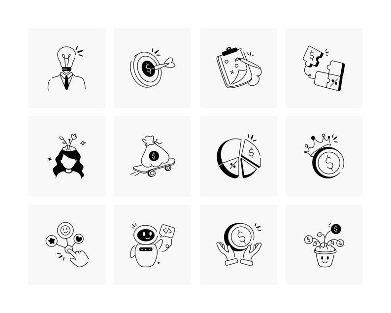 May include: A collection of black and white line art illustrations on a white background. The illustrations depict business and financial concepts, including a lightbulb head, a target with an arrow, a pie chart, and a money bag on a skateboard.